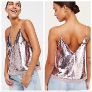 Free People Rose Gold sequin tank with lace trim